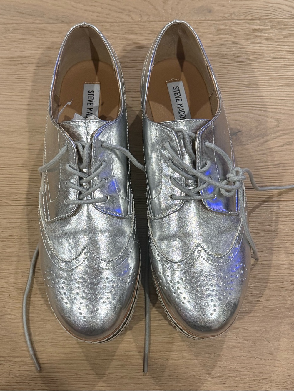 Steve Madden Metallic Silver Brogue Lace-Up Flats
